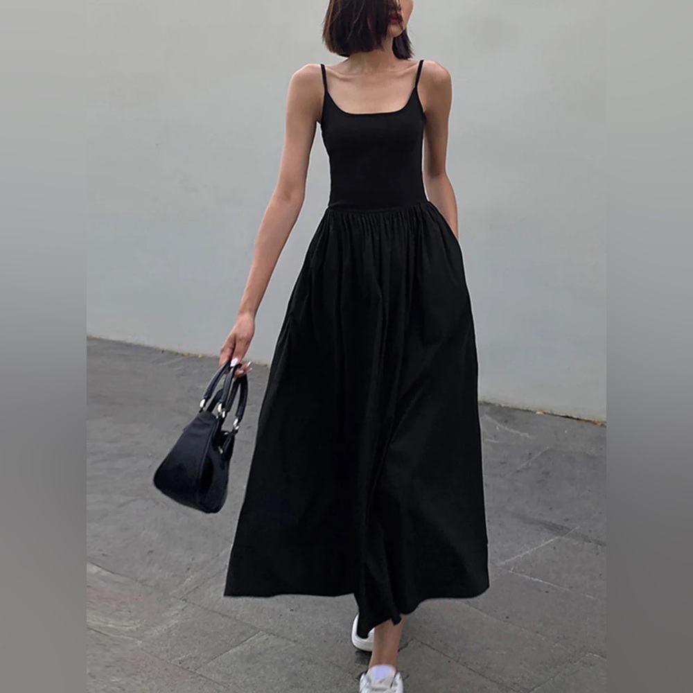 Commense Patchwork Pockets Cotton Cami Midi Dress in XS